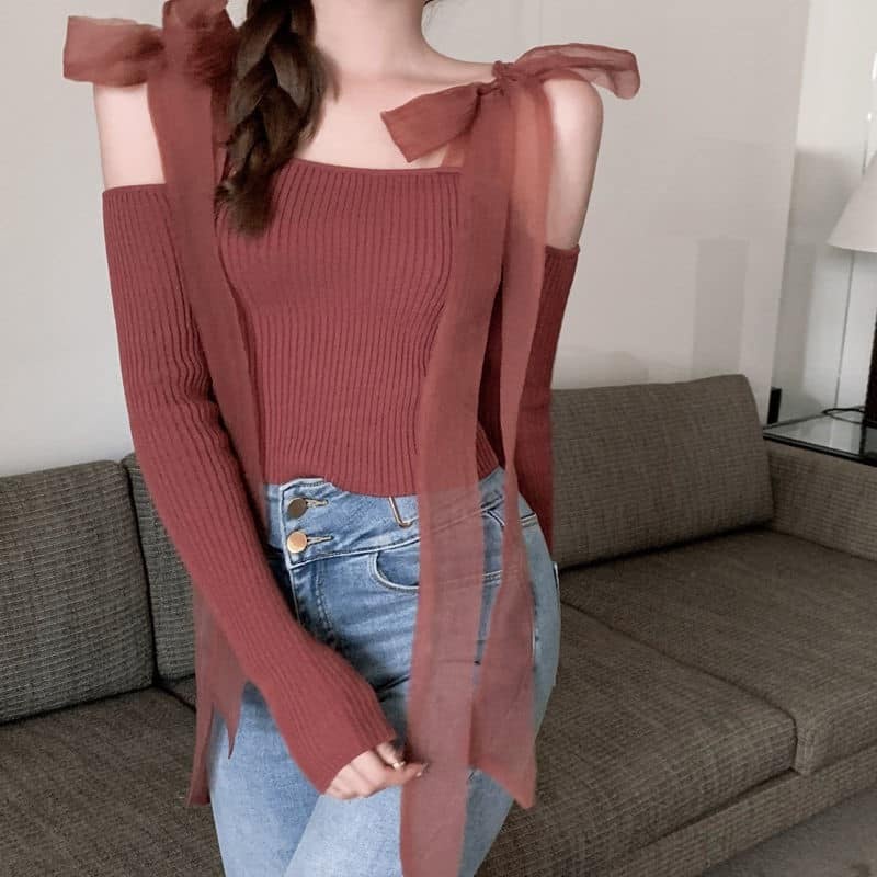 Áo len trễ vai dây buộc sexy dáng ôm thời trang hàn quốc