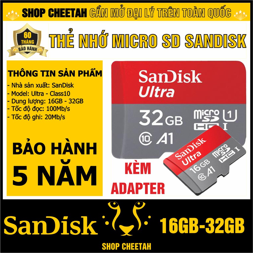  Thẻ nhớ SanDisk 32GB/16GB – MircoSD Ultra Class10 – Chính Hãng – Bảo hành 5 năm – Dùng cho Điện thoại – Máy ảnh – Camera 