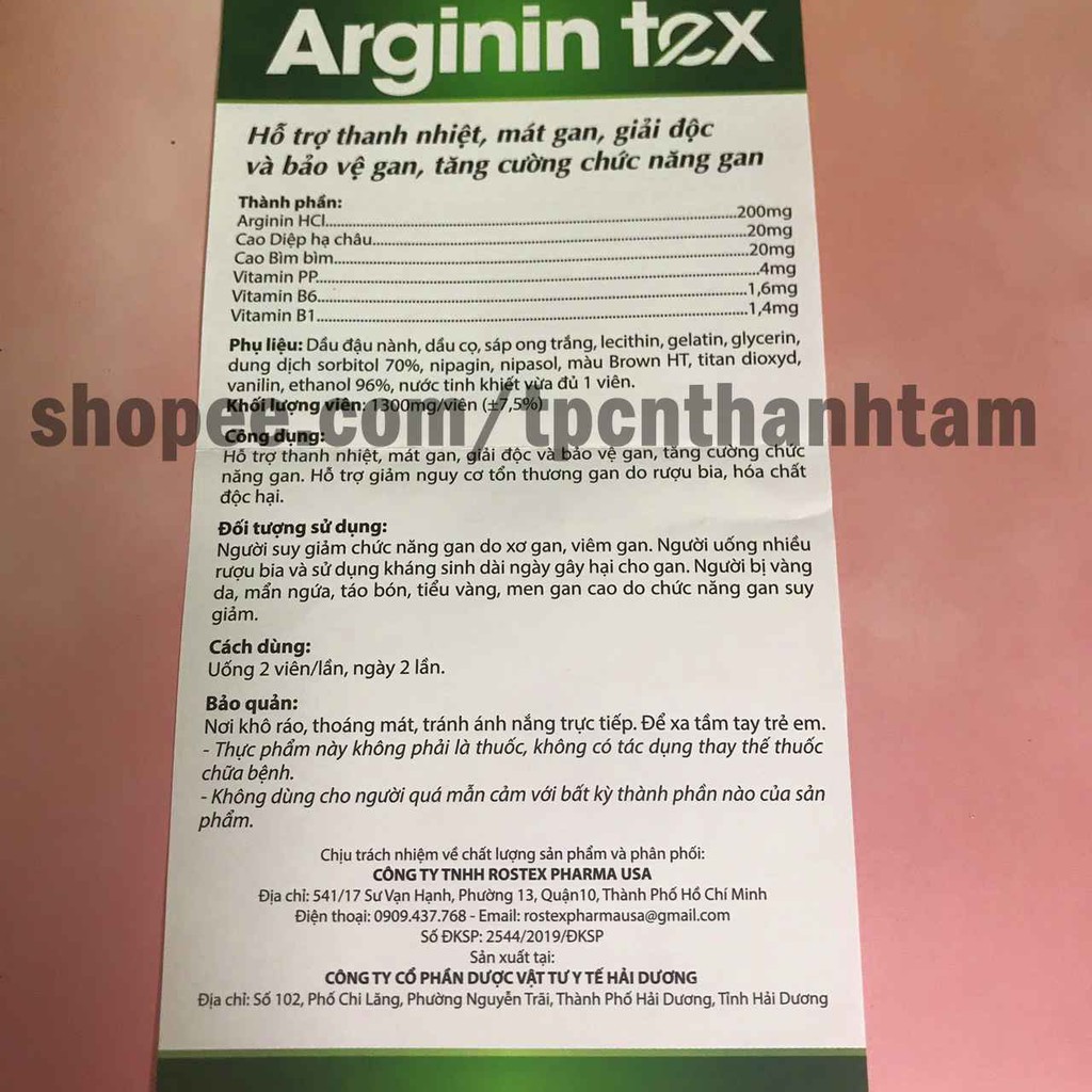 Viên uống bổ gan ARGININ TEX hỗ trợ thanh nhiệt , mát gian , giải độc gan, tăng cướng chức năng gan - HỘP 60 Viên