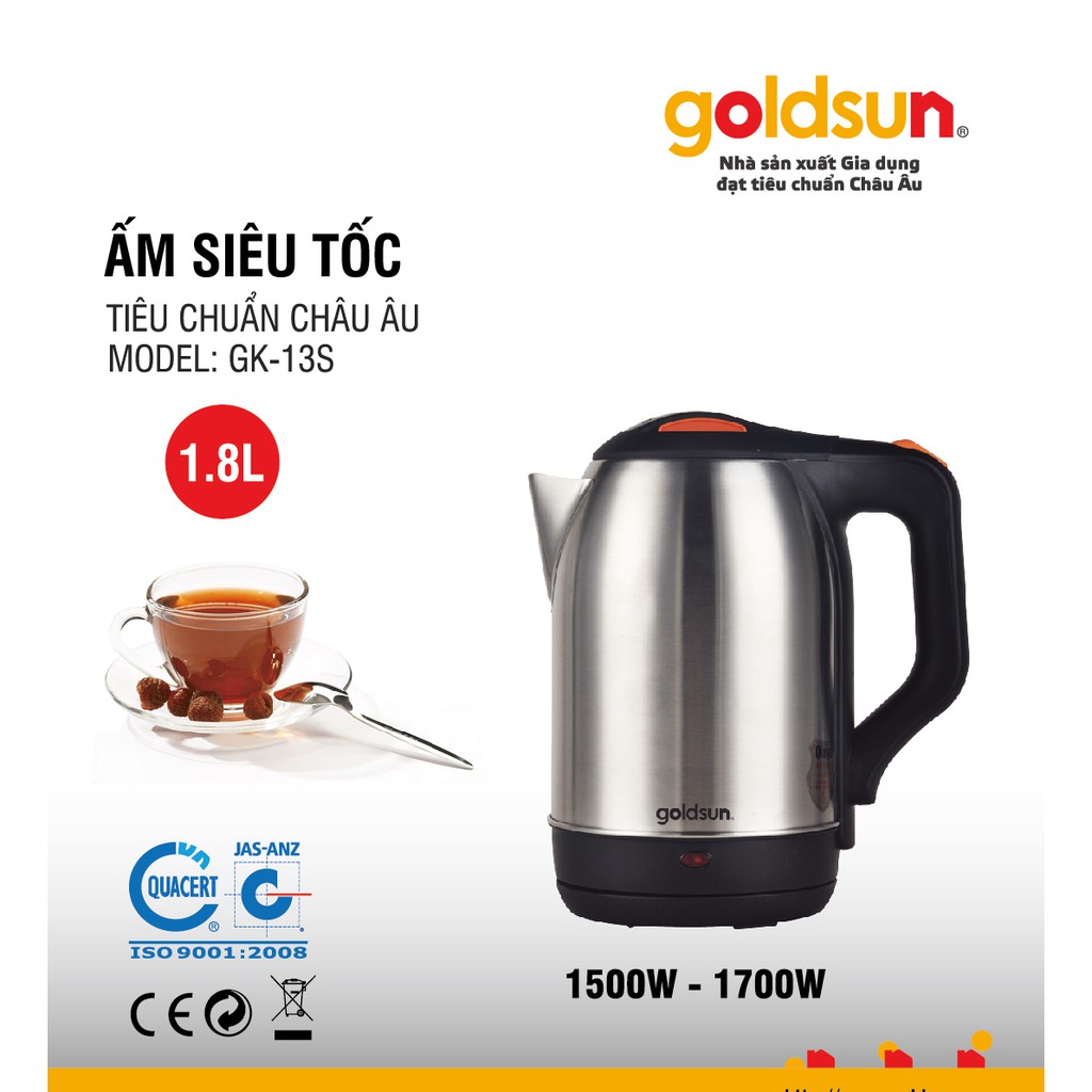 Ấm siêu tốc Goldsun GK-13S Tiêu chuẩn Châu Âu, Bảo hành 12 tháng toàn Quốc