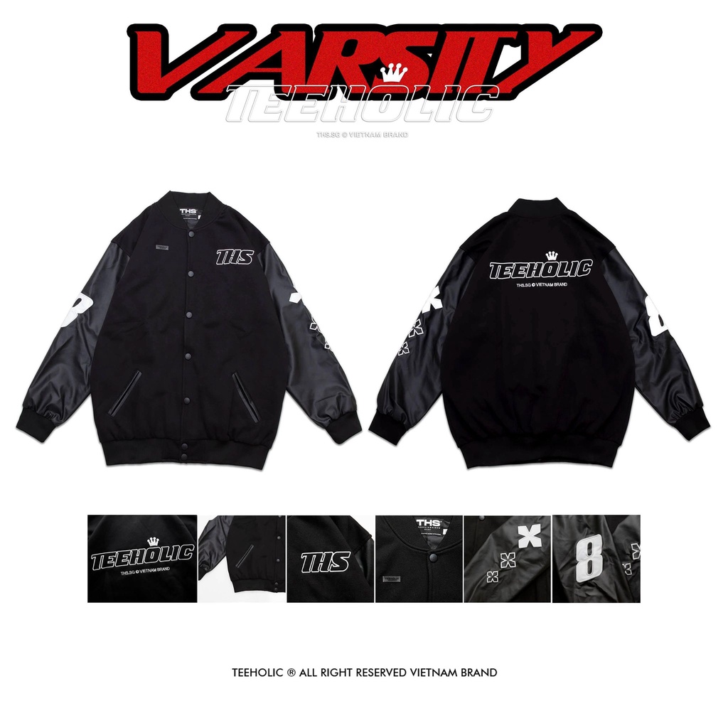 Áo khoác varsity unisex nam nu teeholic phối da màu đen varsity Jacket bomber Jacket