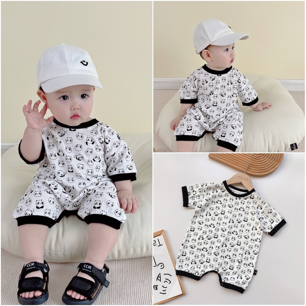 Bộ Áo Liền Quần Cotton Tay Ngắn In Họa Tiết Gấu Trúc Hoạt Hình Cho Bé Trai &amp; Gái 0-24 Tháng Tuổi