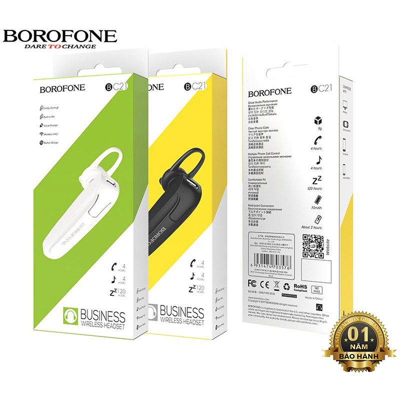 Tai nghe nhét tai bluetooth Borofone BC21 nghe hay, hỗ trợ không dây, nghe nhạc 4 tiếng
