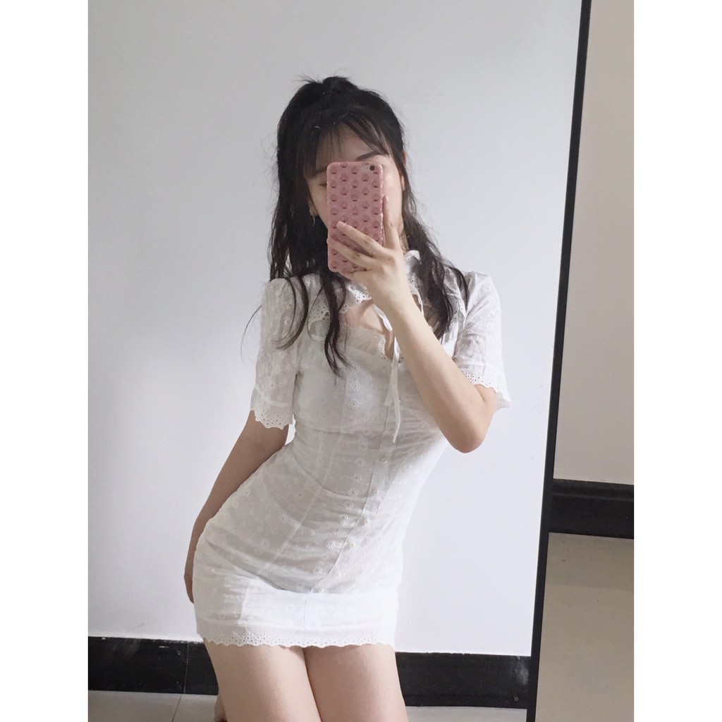 ( ORDER ) Đầm trắng phối ren khoét ngực Ulzzang AK898 ảnh thật ở cuối