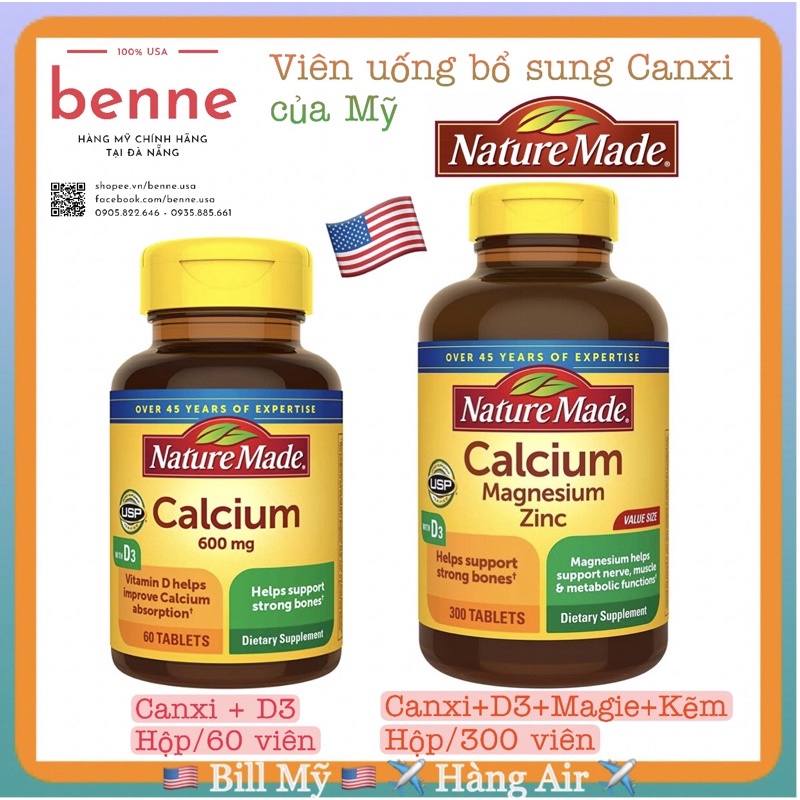 [🇺🇸Bill Mỹ] Viên uống Nature Made Canxi D3 / Canxi Kẽm Magie D3 (Calcium Vitamin D3/ Calcium Magnesium Zinc Vitamin D3)