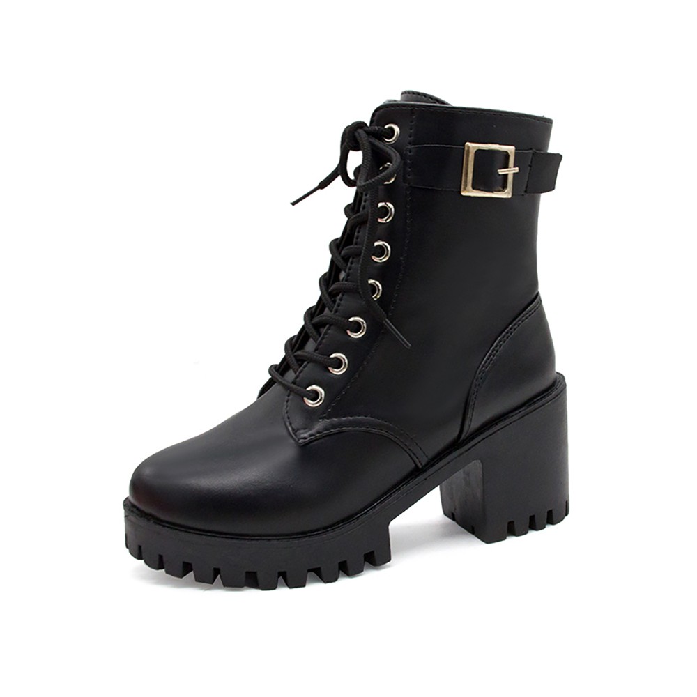 Giày nữ boot nữ phong cách châu âu giày da PU cổ cao dây buộc có khuy đế chiến binh chất nhất | BigBuy360 - bigbuy360.vn