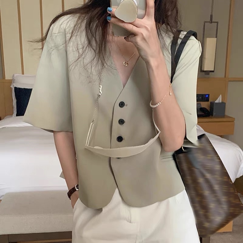 Áo khoác ngắn tay Hàn Quốc cổ chữ V đơn rộng rãi màu sắc đơn giản phù hợp cho mùa hè.