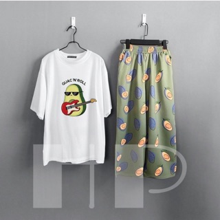 Sét áo thun quả bộ kèm quần ống suông quả bơ xanh