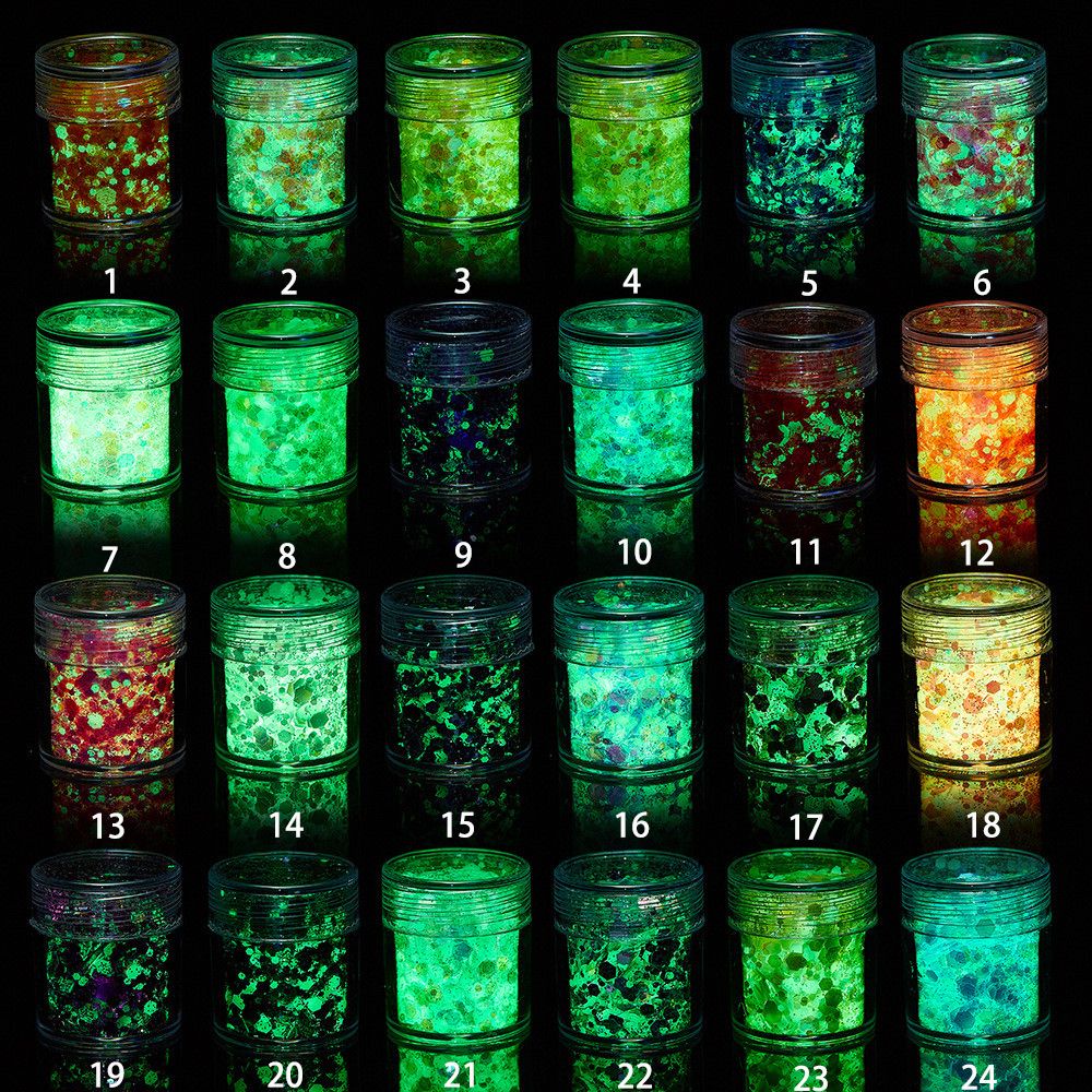 Bột Kim Tuyến Dạ Quang Hình Lục Giác 24 Màu Tự Trang Trí Móng Tay