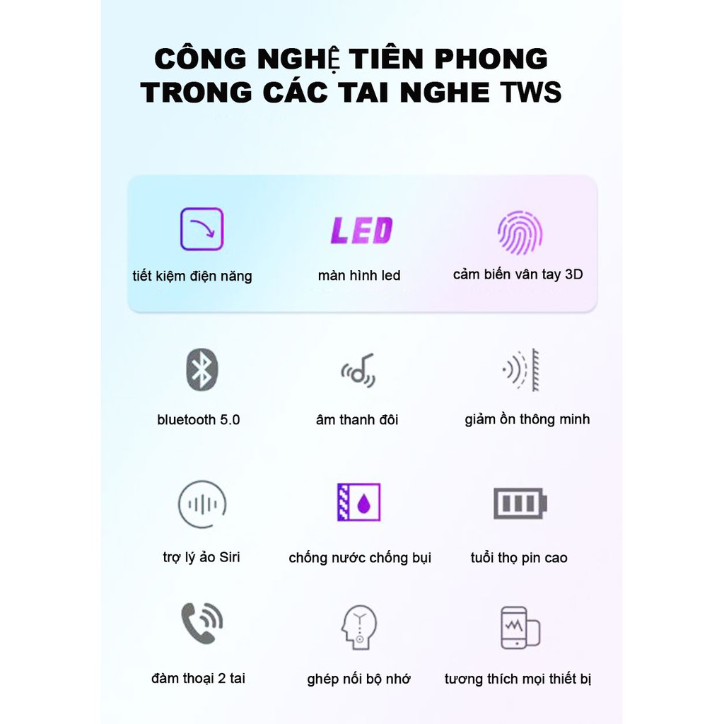 Tai nghe bluetooth 5.0 i36 TWS Cảm biến vân tay - Màn hình LED - Chống Ồn CV8.0 - Hỗ trợ đàm thoại,Nghe Nhạc, Chơi Game