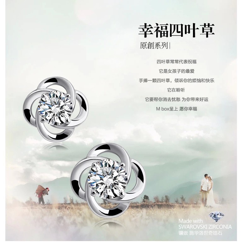 Khuyên Tai Mạ Bạc 925 Hình Cỏ Bốn Lá Đính Đá Xinh Xắn