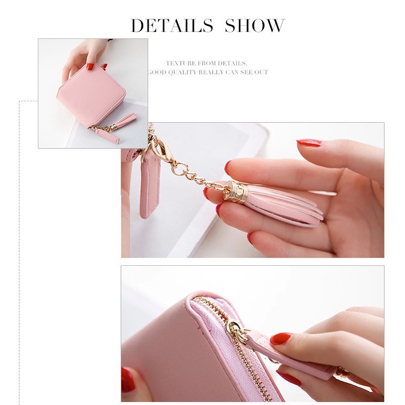 Ví Vuông Đựng Thẻ Cầm Tay Đính Tua Dây Kéo Đáng Yêu Cho Nữ