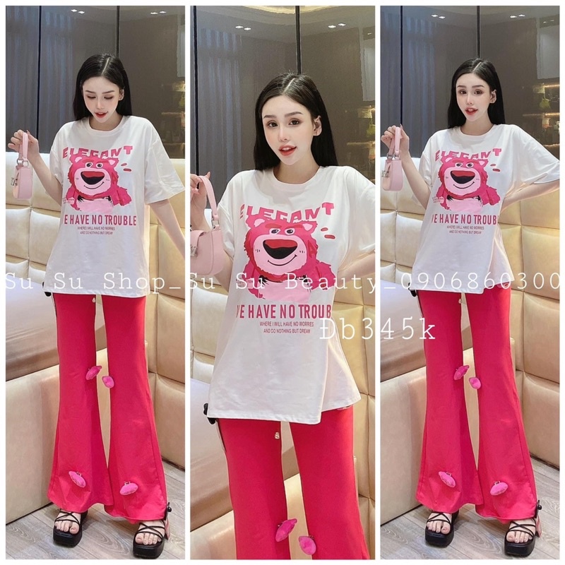 Set áo thun cotton gấu quần ống rộng gân hồng 4 gấu đính ghim G6