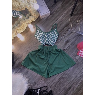 Set áo hai dây caro kèm quần đùi xoè
