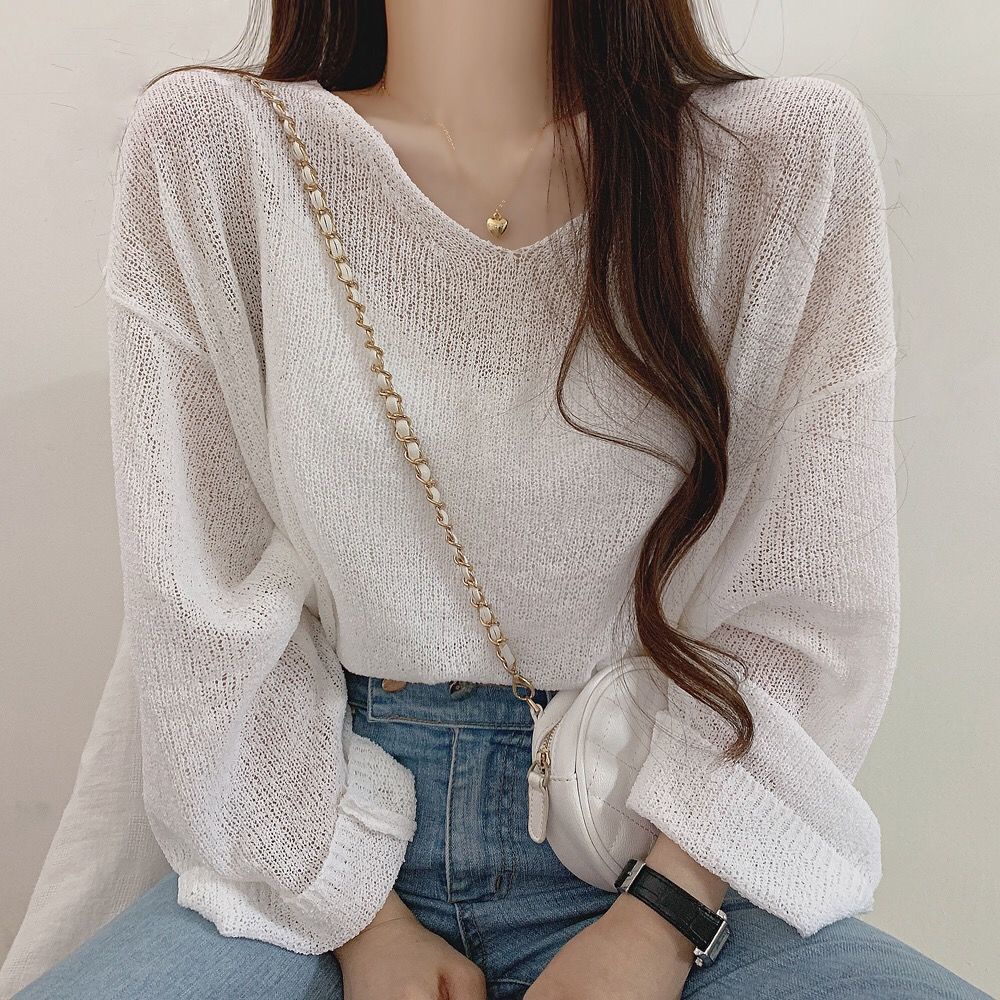 Áo Thun Dệt Kim Mỏng Dáng Rộng Dài Tay Phối Dây Buộc Sau Lưng Thời Trang Mùa Hè 17A1007