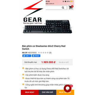Bàn phím cơ steelseries 6GV2 cherry red switch snk