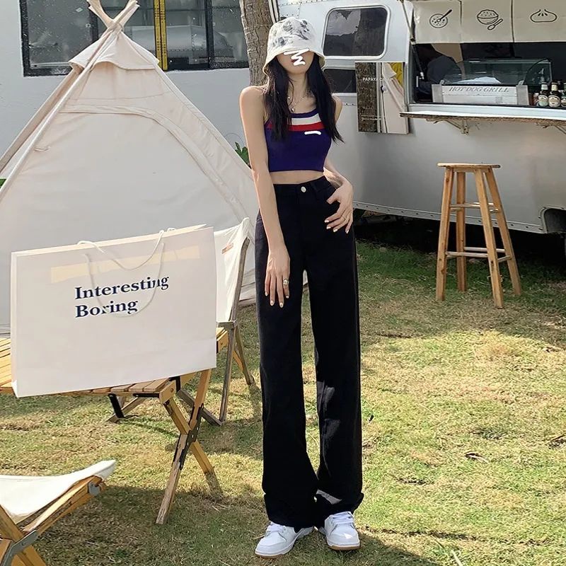 Jiashucheng Quần Jean Dài Lưng Cao Ống Rộng Dáng Suông Màu Hồng Cho Nữ