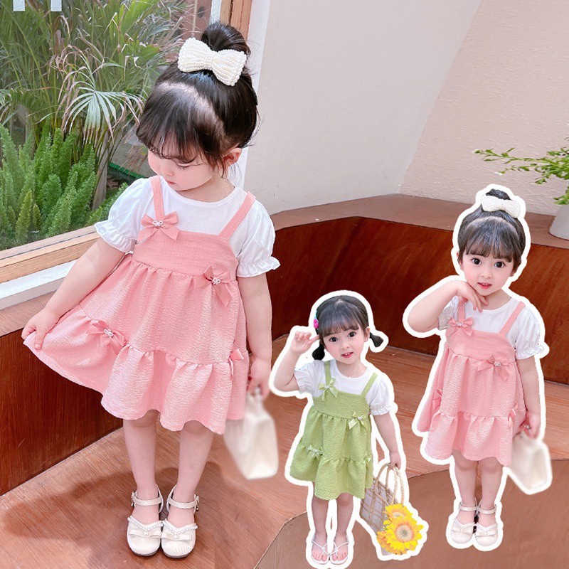 Đầm Công Chúa Tay Ngắn Màu Sắc Trơn Đính Nơ Phong Cách Hàn Quốc Thời Trang Mùa Hè Dành Cho Bé Gái Se7en