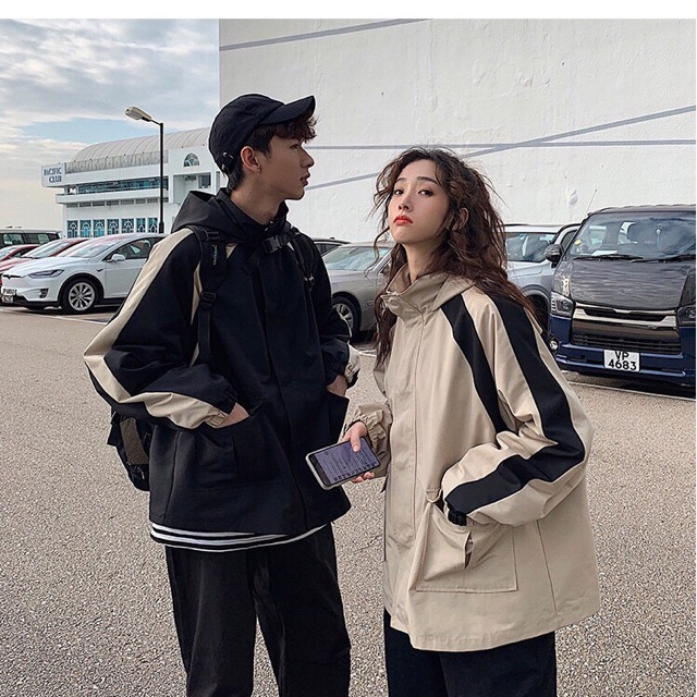 Áo khoác kaki nam nữ túi hộp phối màu kem đen- ảnh thật | BigBuy360 - bigbuy360.vn