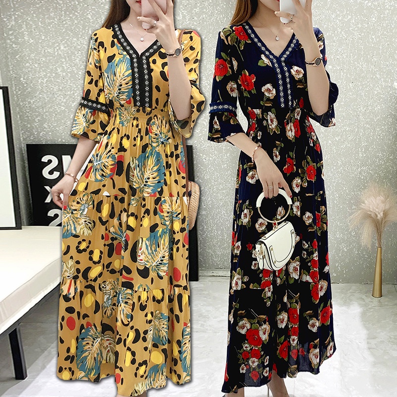 Đầm Xòe Tay Lỡ Cổ Chữ V Họa Tiết Hoa Phong Cách retro Dành Cho Nữ