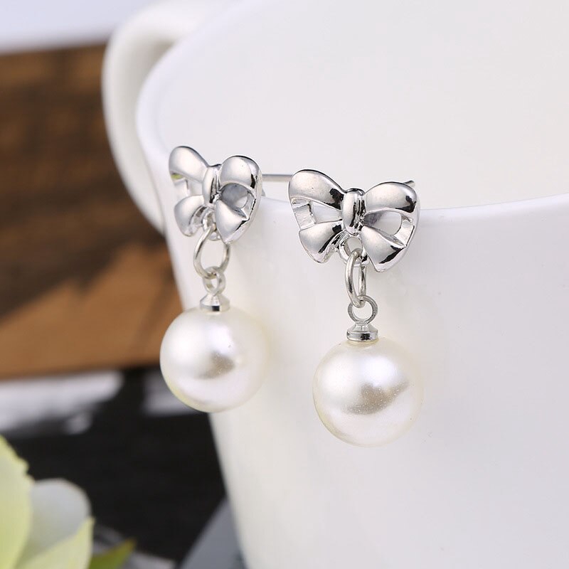 Khuyên tai nơ đính ngọc trai nhân tạo phong cách Hàn Quốc dành cho nữ