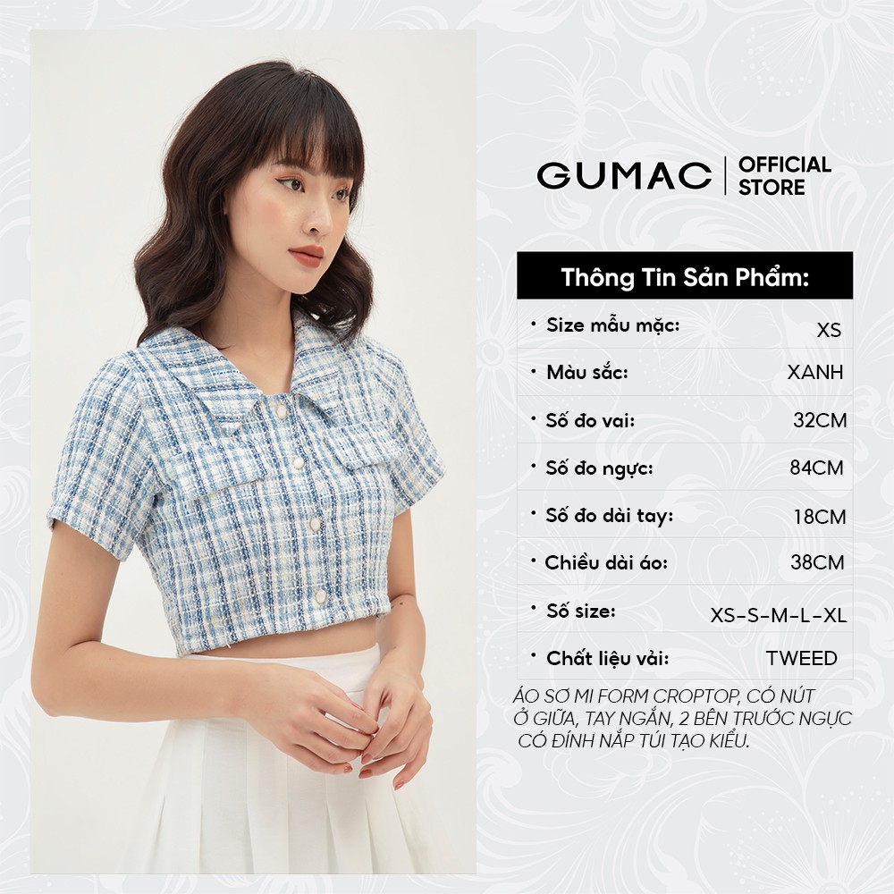 Áo sơ mi croptop họa tiết caro GUMAC màu xanh, đủ size, phong cách năng động, trẻ trung AB334 | BigBuy360 - bigbuy360.vn