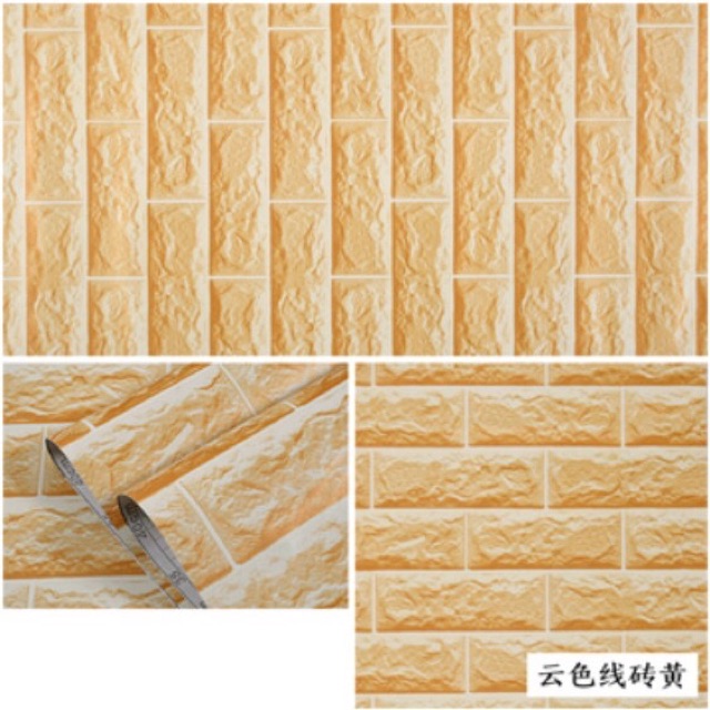 Giấy dán tường giả gạch vàng decal  hàng có keo sẵn bóc dán đơn giản