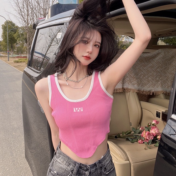 Jiashucheng Áo Dệt Kim Không Tay Màu Hồng Thiết Kế Không Đều Quyến Rũ Cho Nữ