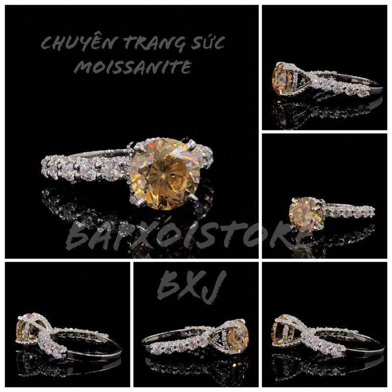 Nhẫn v.àng 10k FULL Moissanite: Chủ moissan 8,3ly màu vàng (chưa kiểm định) + Tấm Moissanite; Chất liệu v.àng 10k trắng