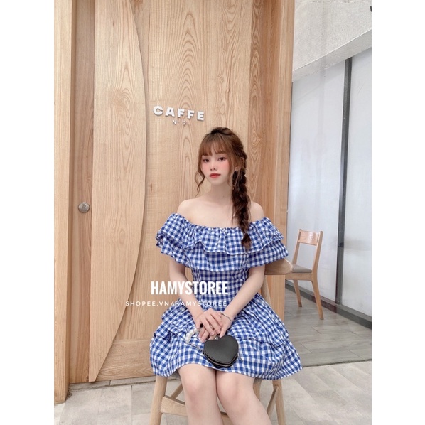 CARO OFF DRESS - ĐẦM CARO TRỄ VAI XẾP BÈO