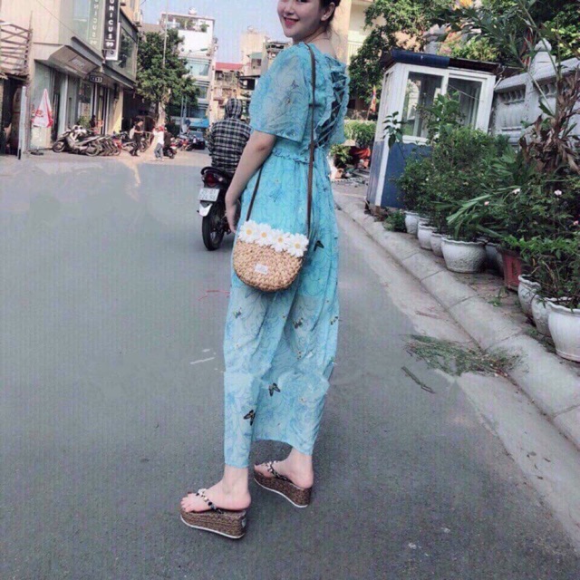 Maxi xanh hoa bướm đan lưng