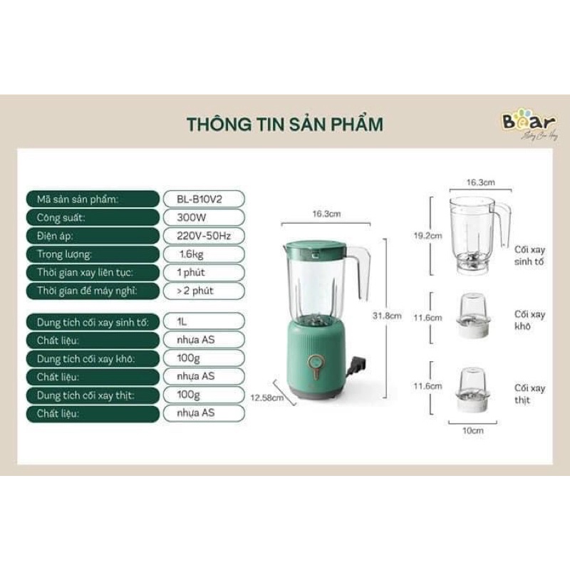 Máy xay sinh tố đa năng 3 trong 1 Bear LLJ-C10P1 cao cấp