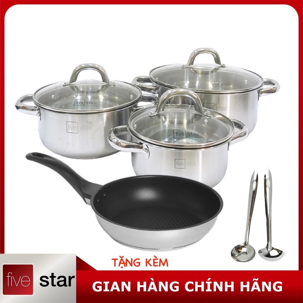 Bộ nồi xửng inox 430 Fivestar 3 đáy sandwich 4 món nắp kính dùng được bếp từ , hồng ngoại , gas , tặng 2 vá canh