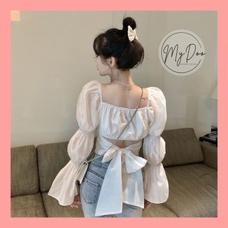 Áo trễ vai tay bồng nơ lưng tiểu thư hot 2022 áo sơmi nữ cách điệu - crt01