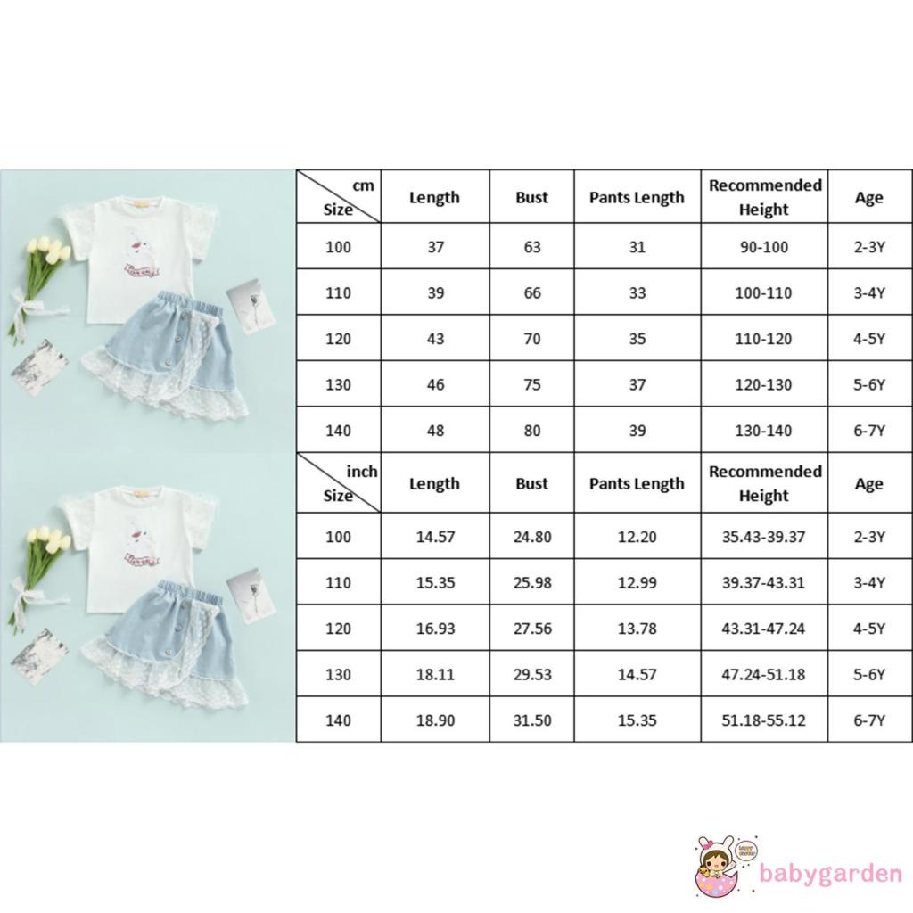 Bộ áo thun tay ngắn in hoạt hình + Chân váy jean phối lưới thời trang mùa hè cho bé gái 2-7 tuổi