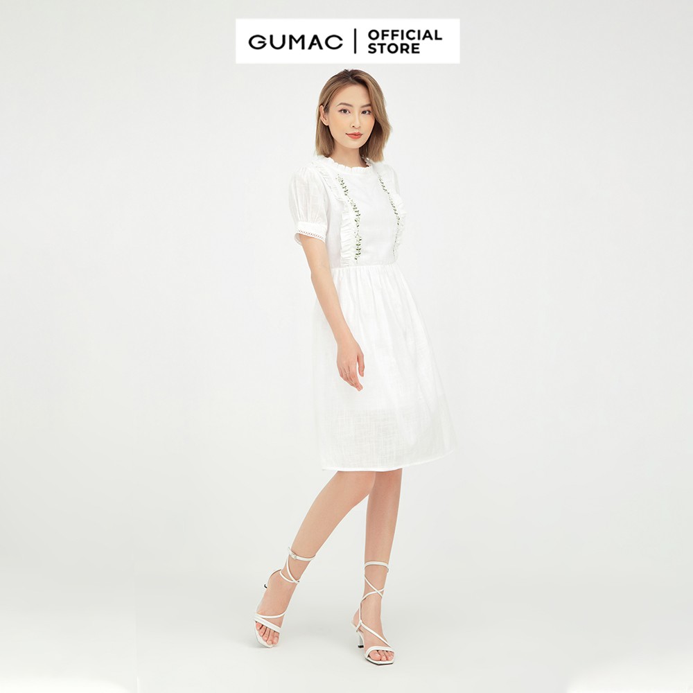 [Mã MABR07062 giảm 8% tối đa 50K đơn từ 249K] Đầm nữ babydoll thêu GUMAC cổ phối bèo dễ thương DB515 | BigBuy360 - bigbuy360.vn