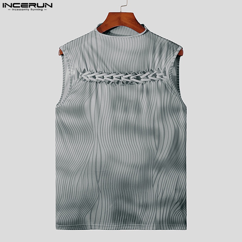 Áo ba lỗ INCERUN sát nách cột dây in họa tiết màu nhuộm loang thời trang cho nam