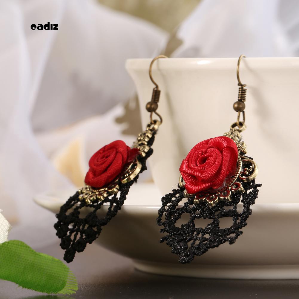 Khuyên tai hoa hồng phối ren vintage cho nữ