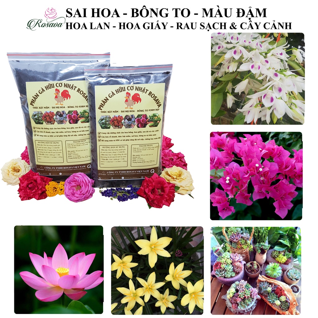 Phân gà hữu cơ Nhật ROSAVA, phân bón hoa hồng, sen đá, hoa giấy, cây cảnh, lan, rau sạch