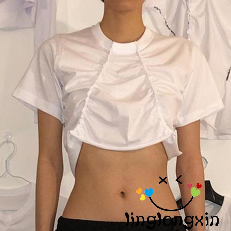 Áo Thun Croptop Tay Ngắn Cổ Cao Màu Trơn Thời Trang Cho Nữ Linglongxi2