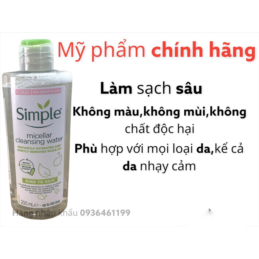 Nước Tẩy Trang Simple Micellar Cleansing Water 200ml UK