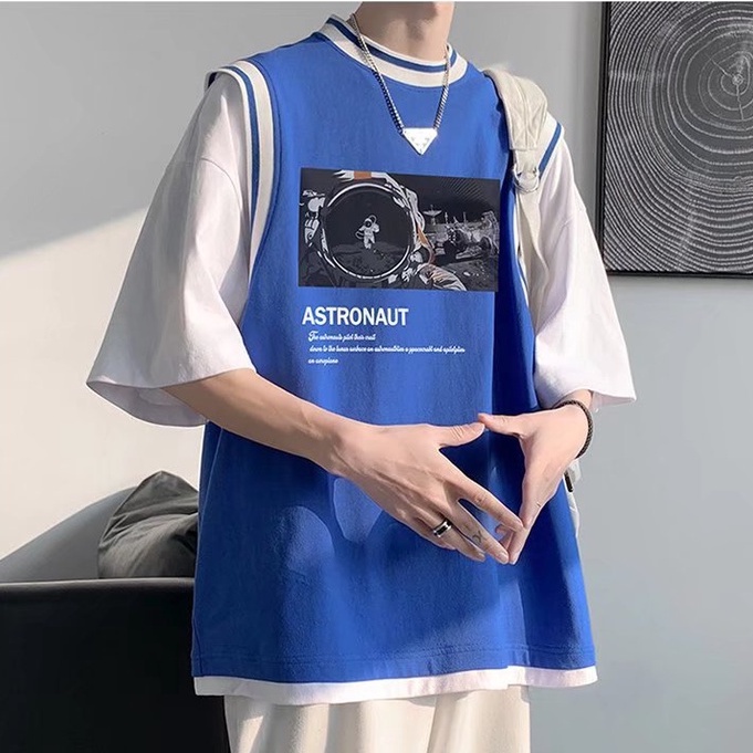 Áo Thun Nam Form Rộng Unisex Phối Layer Giả 2 Lớp In Hình Phi Hành Gia Thời Trang Hàn Quốc Áo Phông đen Big size Fashion Thể Thao Áo Thun Tay Lỡ Nam Nữ  T Shirt Men Áo. Nam Áo Oversize