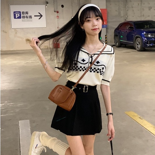 Áo thun polo ZHELIHANGFEI dệt kim tay phồng ngắn phong cách vintage dễ thương