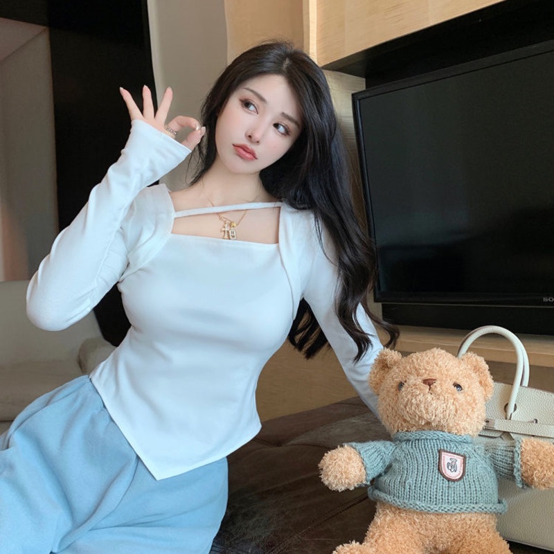 Áo Thun Dài Tay Cổ Vuông Thiết Kế Không Đồng Đều Phong Cách Mới Cho Nữ