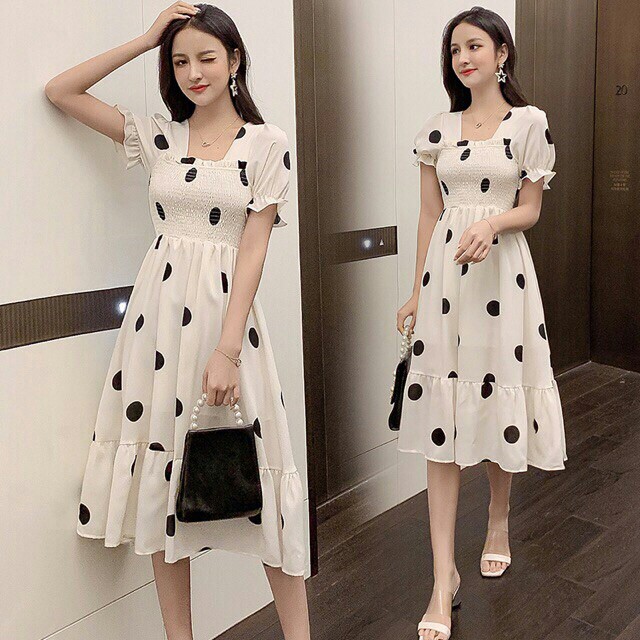 VÁY BẦU CÔNG SỞ CHẤT LỤA HÀN CHUN NGỰC CHẤM BI TỐI ĐA 65KG TRỞ LẠI