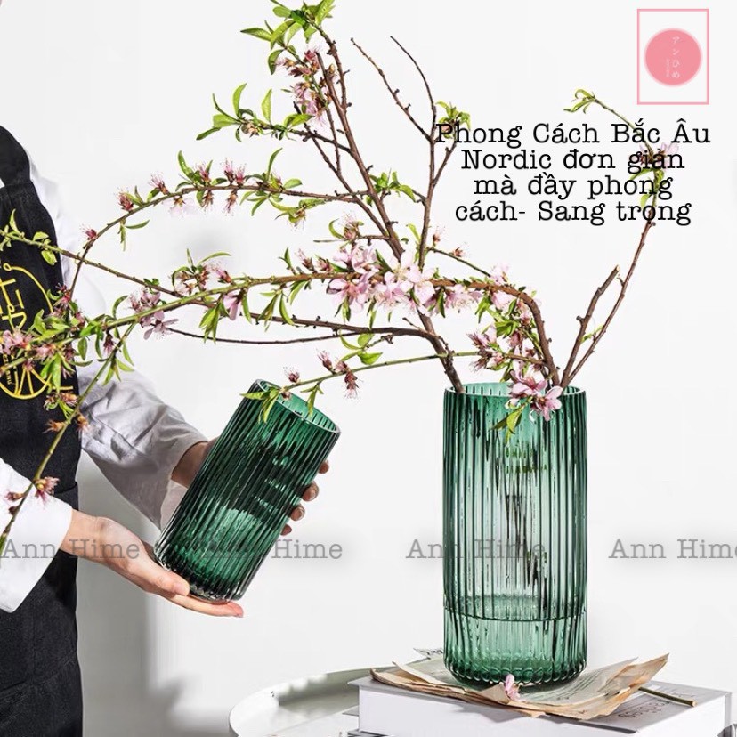 Lọ Hoa Thủy Tinh Vân Sọc Dọc 3 Màu Xanh Nâu Xám Phong Cách Nordic Bắc Âu