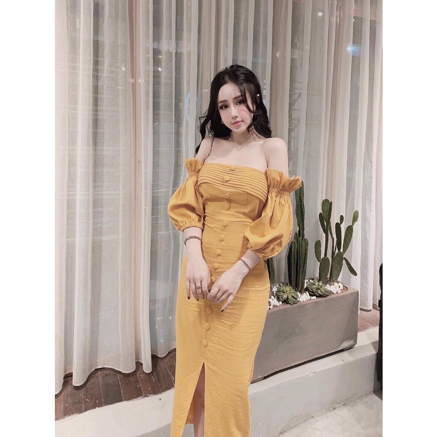 Đầm tay phồng sếp ly ngực sang chảnh, đầm dự tiệc xẻ tà xếp ly ngực DG 4257