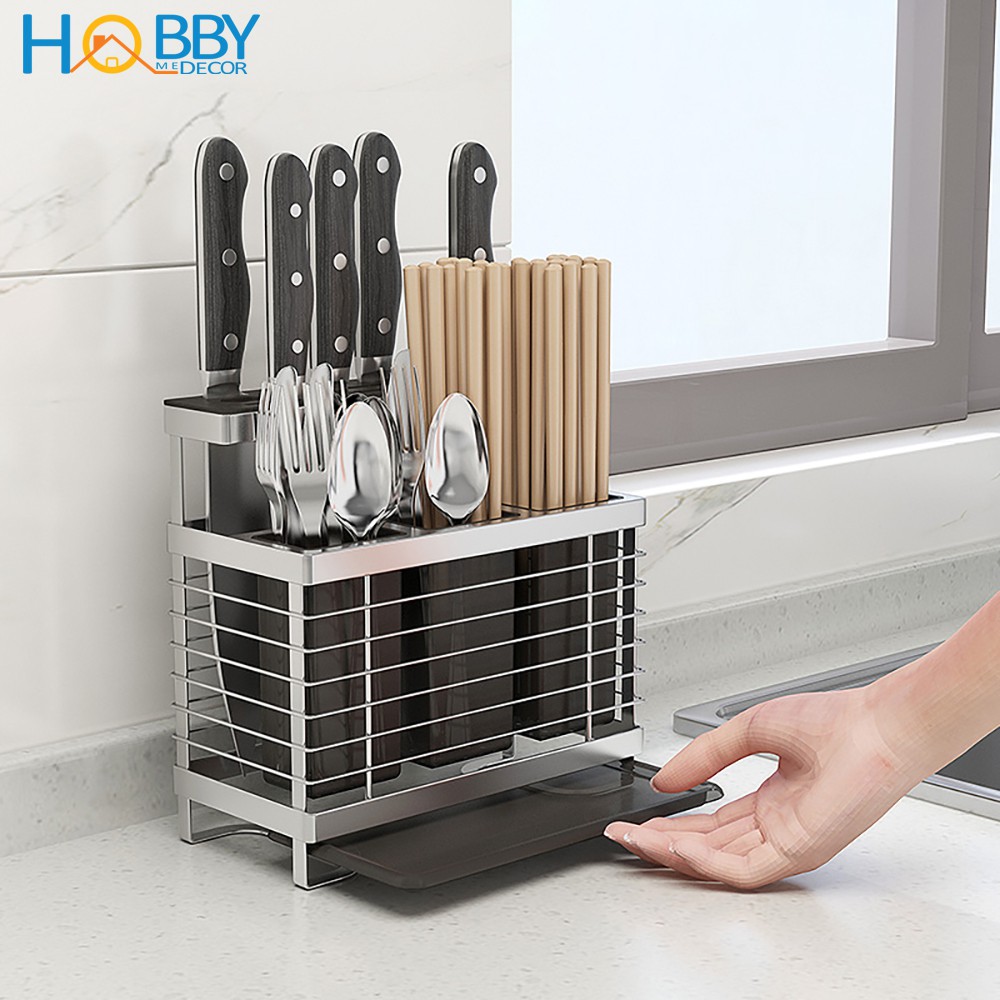 Kệ đựng đũa muỗng dao kéo Inox 304 HOBBY KDMT3 dán tường gạch men có khay hứng nước cao cấp- kèm miếng dán và keo dán