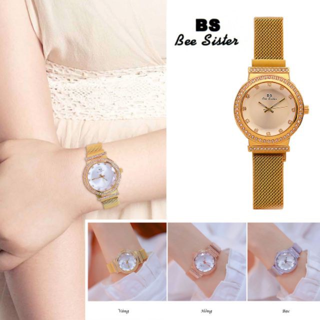Đồng hồ nữ Bee Sister FA1519 dây thép cao cấp khóa nam châm mặt tròn đính đá đa giác. Bán lẻ giá sỉ