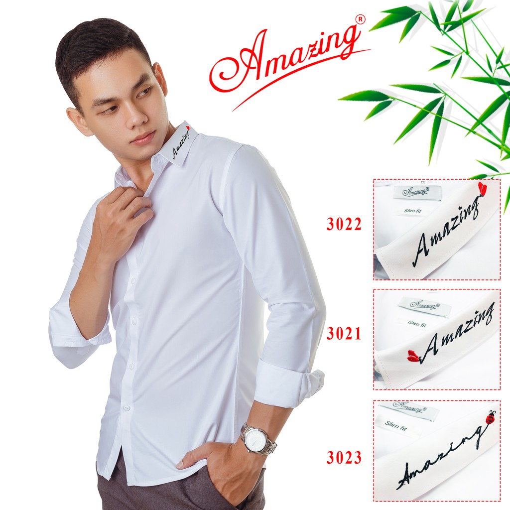 Sơ mi nam trắng kiểu Hàn Quốc, thêu sắc sảo, vải sợi tre mềm mịn mát, form body slim fit, hiệu Amazing, bigsize